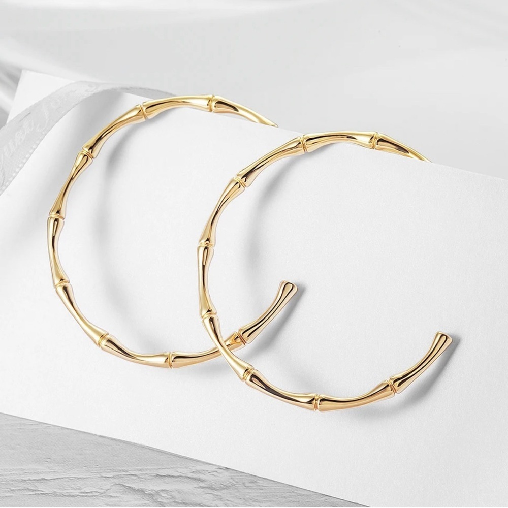 New Arrival Classic Large Bamboo Gold Hoop Earrings - Picture 3 of 7